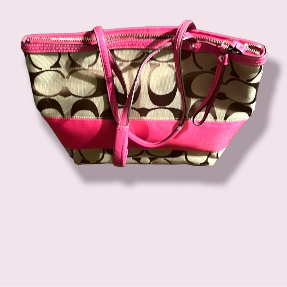 Coach • Y2k Hot Pink Leather Trim Satchel Tote Shoulder Bag C Logo Trendy Purse